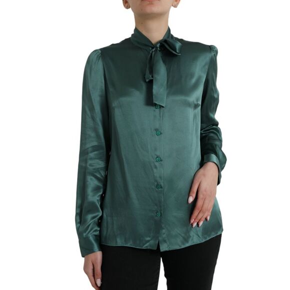 Dolce & Gabbana Dark Green Silk Ascot Collar Blouse Women's Top Tees - Short Sleeve